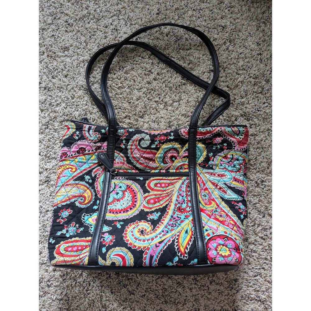Vera Bradley Quilted Paisley Tote Bag Black Faux Leather Trim Shoulder Bag - Picture 2 of 6